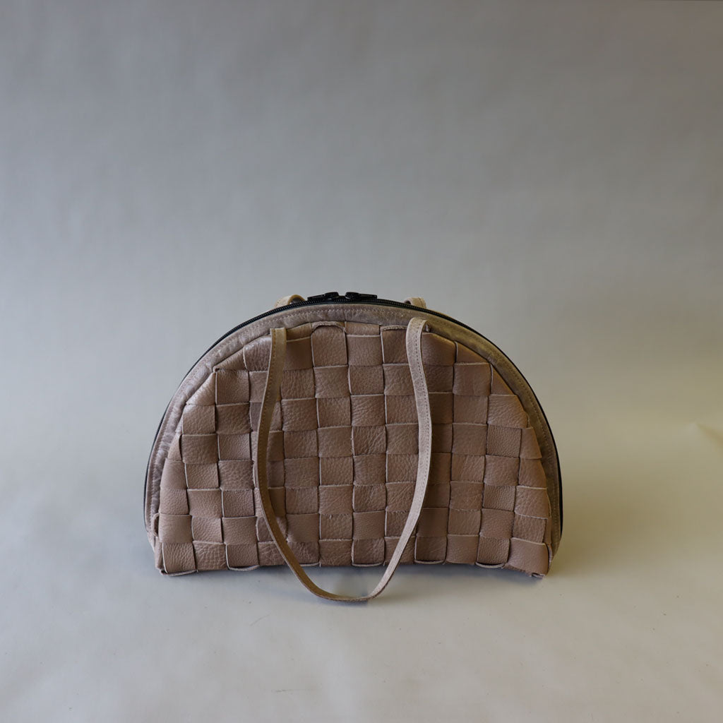 Grey half circle handwoven leather bag