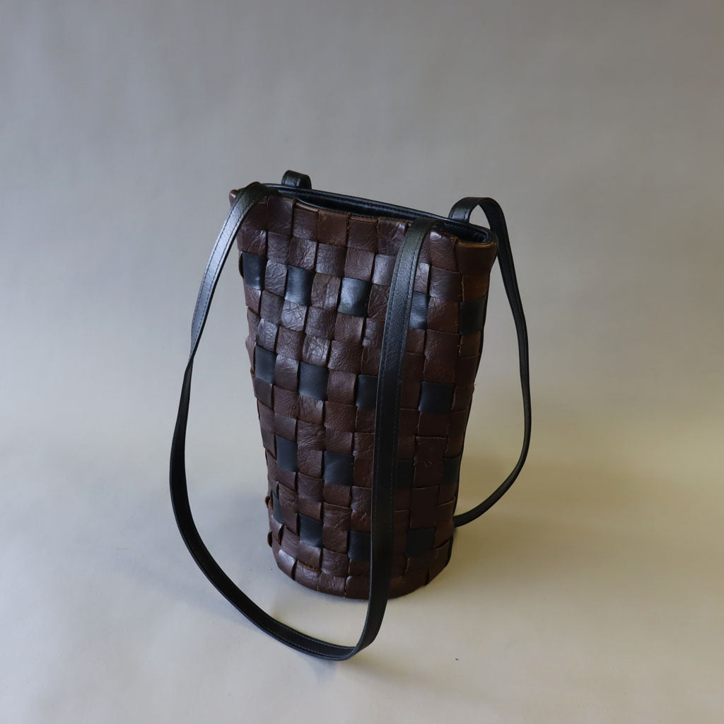 Brown/black handwoven leather bucket bag