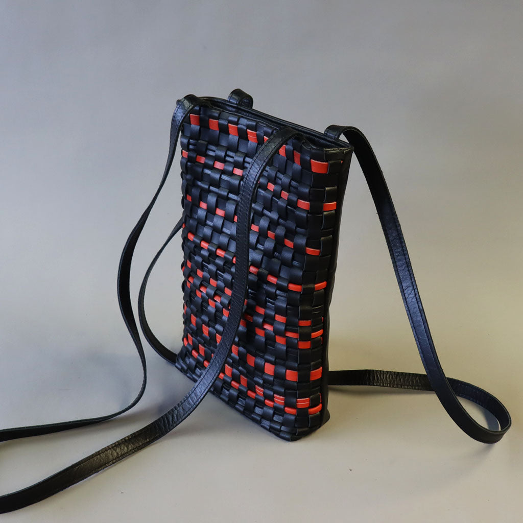 Orange/black offcut handwoven leather bag