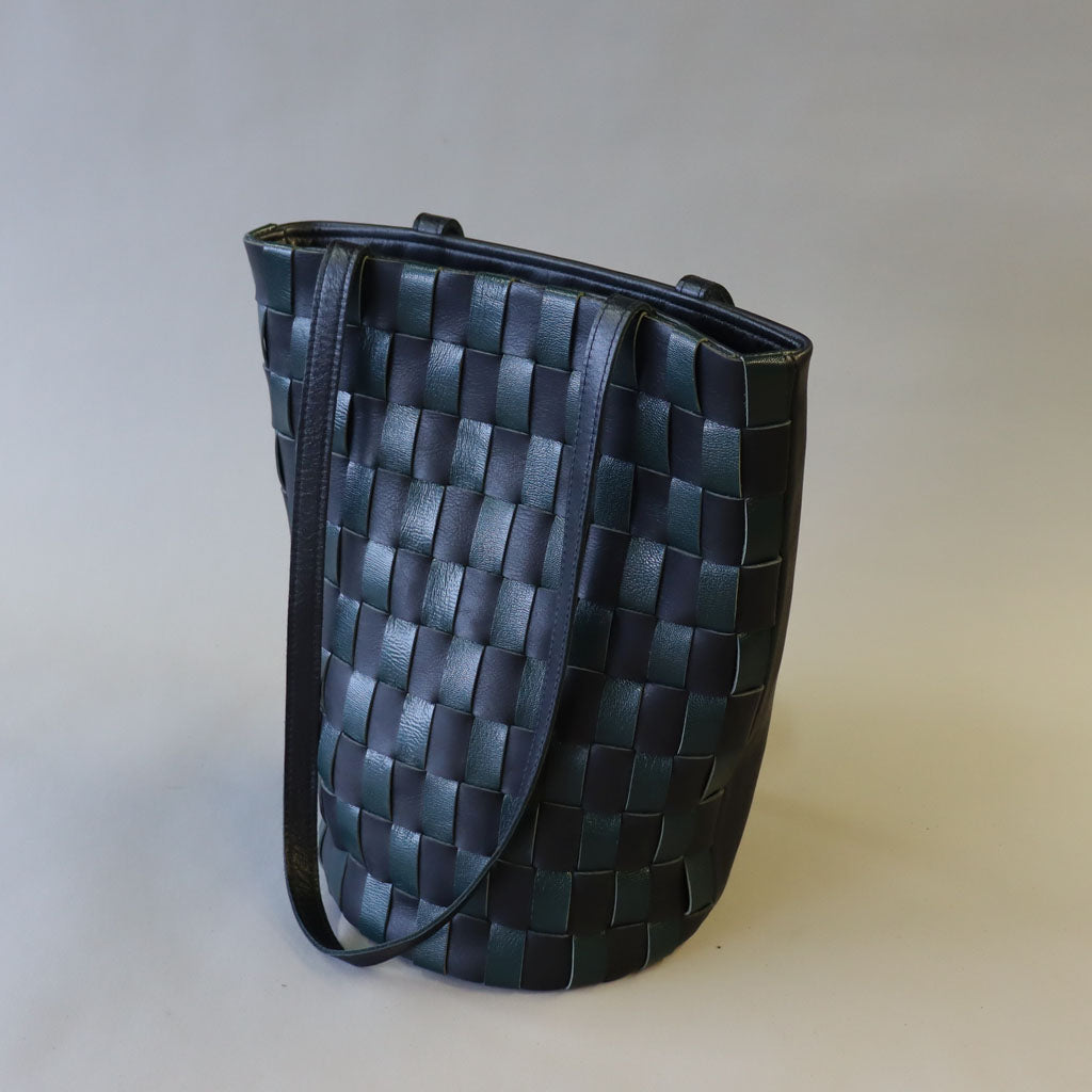 Petrol blue/black handwoven leather bucket bag