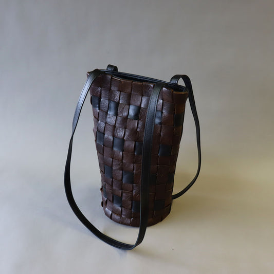 Brown/black handwoven leather bucket bag